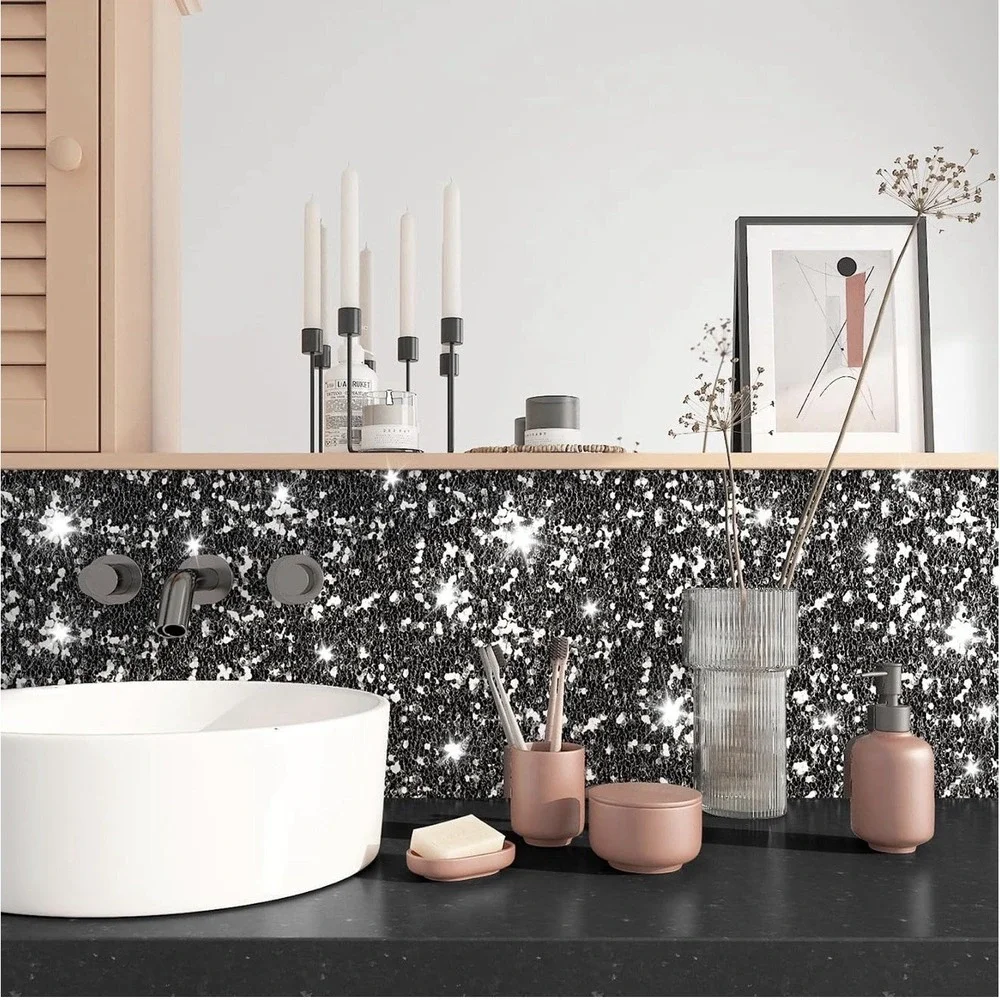 Rewallpaper Black Glitter Contact Paper For Dresser Cabinets 15.8inx23ft Moder